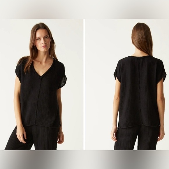 NWOT Michael Stars Draya V-Neck Frayed Edge Gauze Top Short Sleeve Black XS - Picture 14 of 14